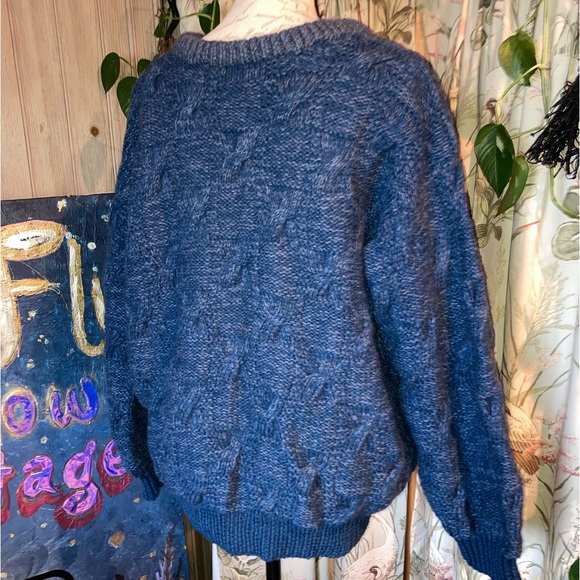 Handmade Chunky Heavyweight Blue Knit Crewneck Sweater Mens Unisex - Picture 5 of 7